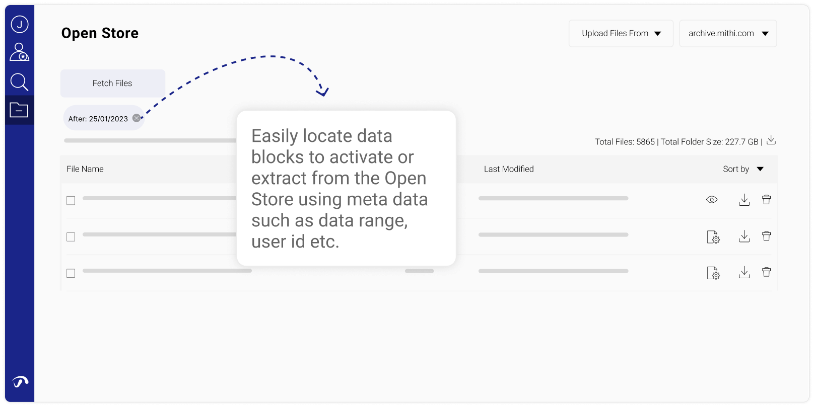 Easily locate data blocks to activate or extract from the inactive store using meta data such as data range, user id etc.